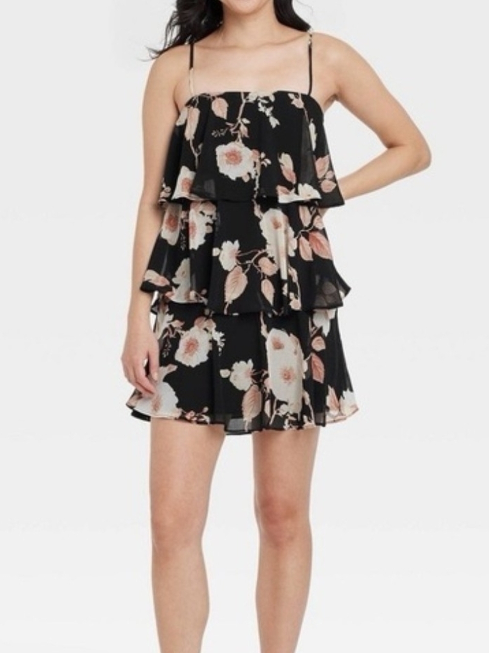 a new day Black Floral Tiered Mini Dress with Blush Accents
